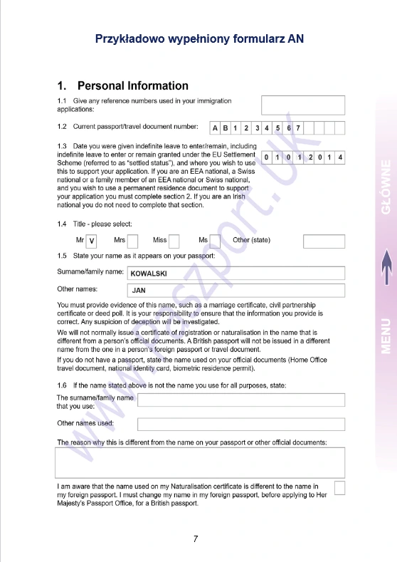 JWzór wypełnienia formularza AN wniosku online na obywatelstwo brytyjskie dla dorosłych